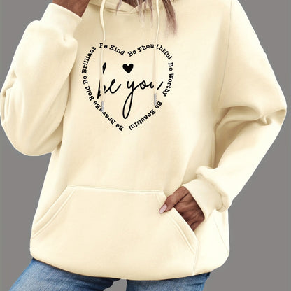 Heart & Letter Print Drawstring Hoodie, Casual Long Sleeve Hooded Sweatshirt, Women's Clothing