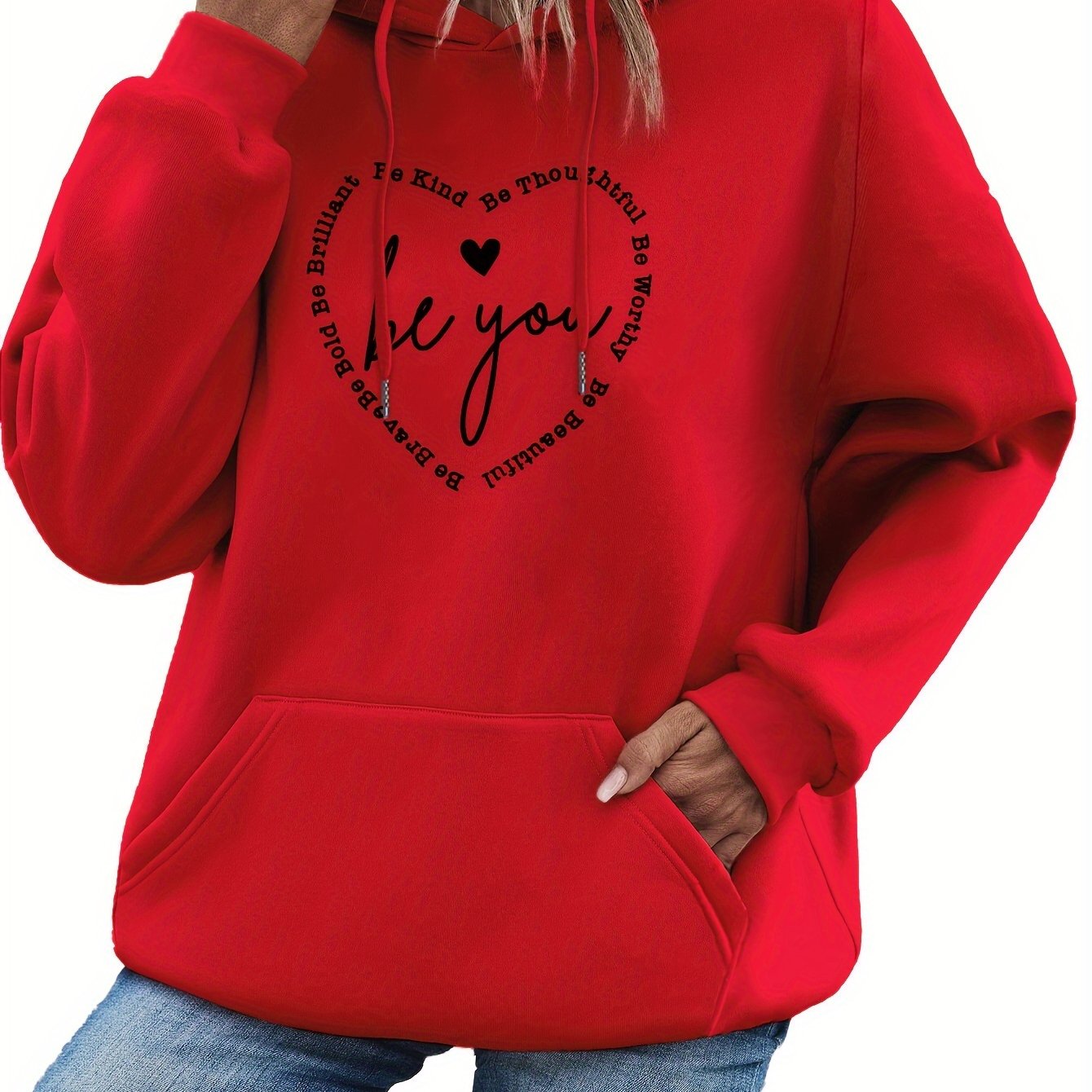 Heart & Letter Print Drawstring Hoodie, Casual Long Sleeve Hooded Sweatshirt, Women's Clothing