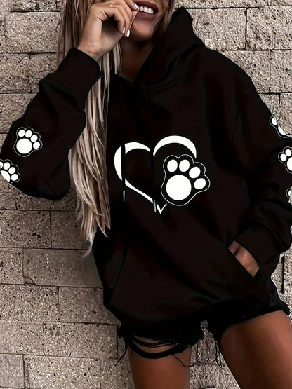 Women's Plus Size Hoodie, Polyester Casual Pullover Sweatshirt with Paw Print Design, Drawstring, Regular Sleeve, Knit, H Fit, for Autumn/Winter