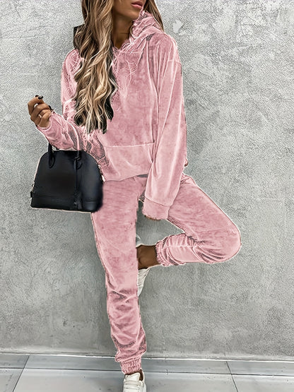 Casual Solid Two-piece Set, Kangaroo Pocket Hoodie & Jogger Pants Outfits, Women's Clothing