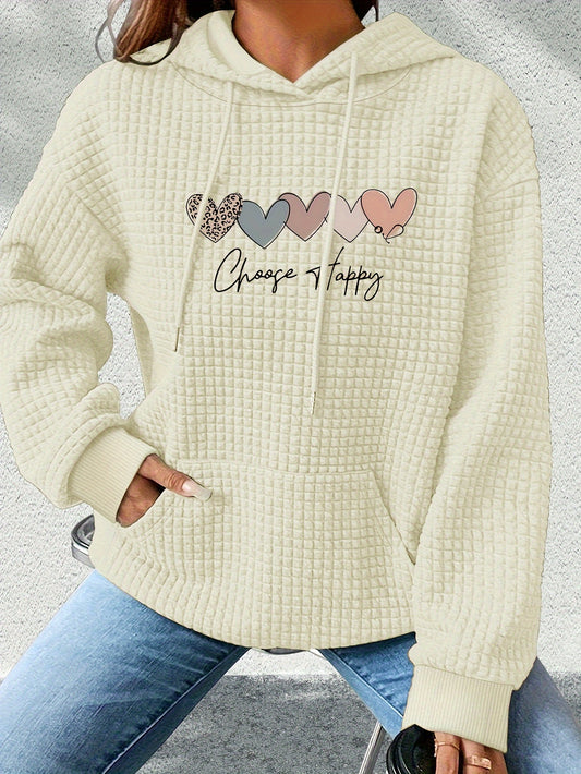 Women's Casual Hoodie Sweatshirt with Heart and Alphabet Pattern, Long Sleeve, Polyester Knit Fabric, Loose Fit, Pullover Style, No Belt, for Fall/Winter Season