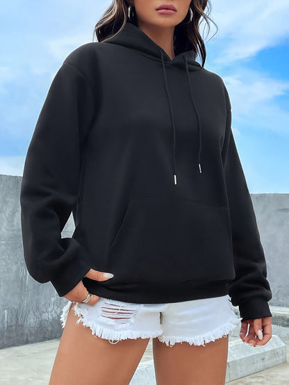 Solid Color Kangaroo Pocket Hoodie, Casual Long Sleeve Drawstring Hooded Sweatshirt, Women's Clothing