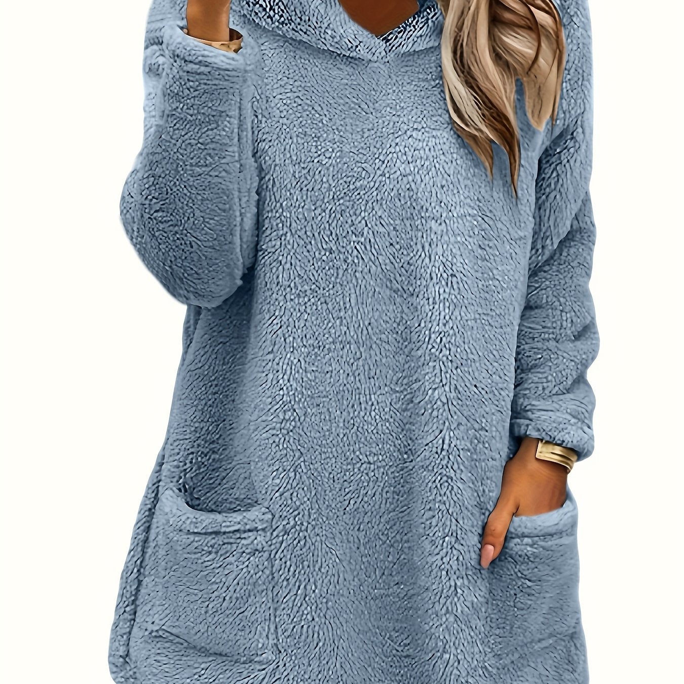 [Popular Choice] Women's Double-Sided Plush Hoodie - Warm Mid-Length Pullover with Pockets for Autumn and Winter, Casual Polyester Knit, Leisure Style, Loosen Version, Autumn/Winter