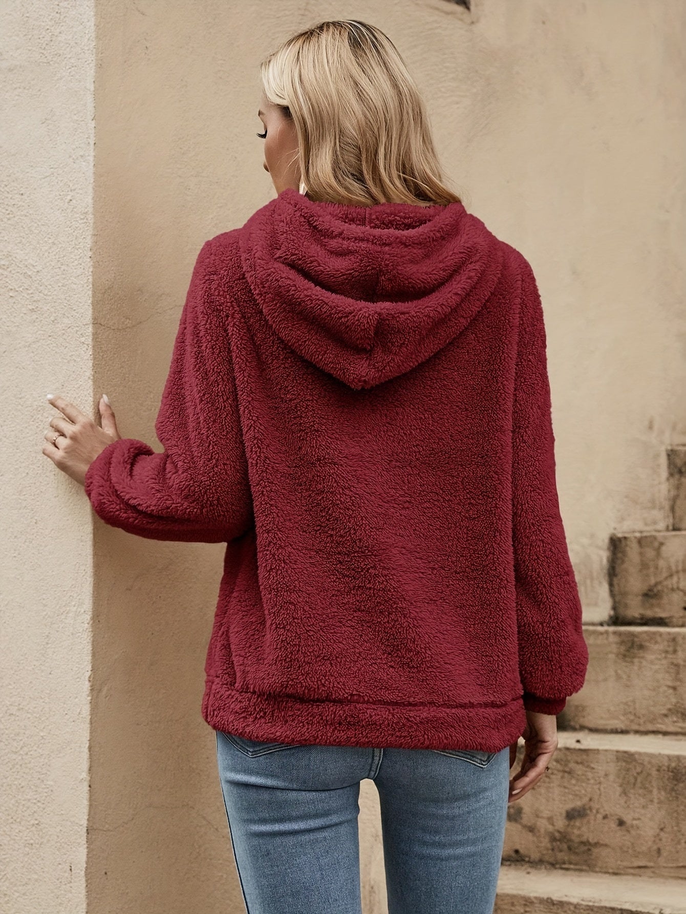 Women's Casual Long Sleeve Drawstring Hoodie - 100% Polyester Solid Color Teddy Hooded Sweatshirt with Knit Fabric for Fall/Winter