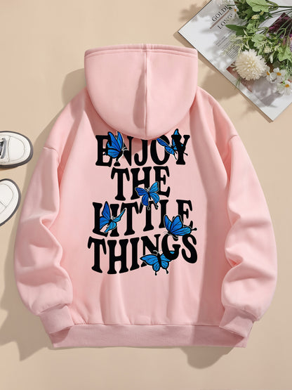 Butterfly & Letter Print Kangaroo Pocket Hoodie, Casual Long Sleeve Drawstring Hoodies Sweatshirt, Women's Clothing