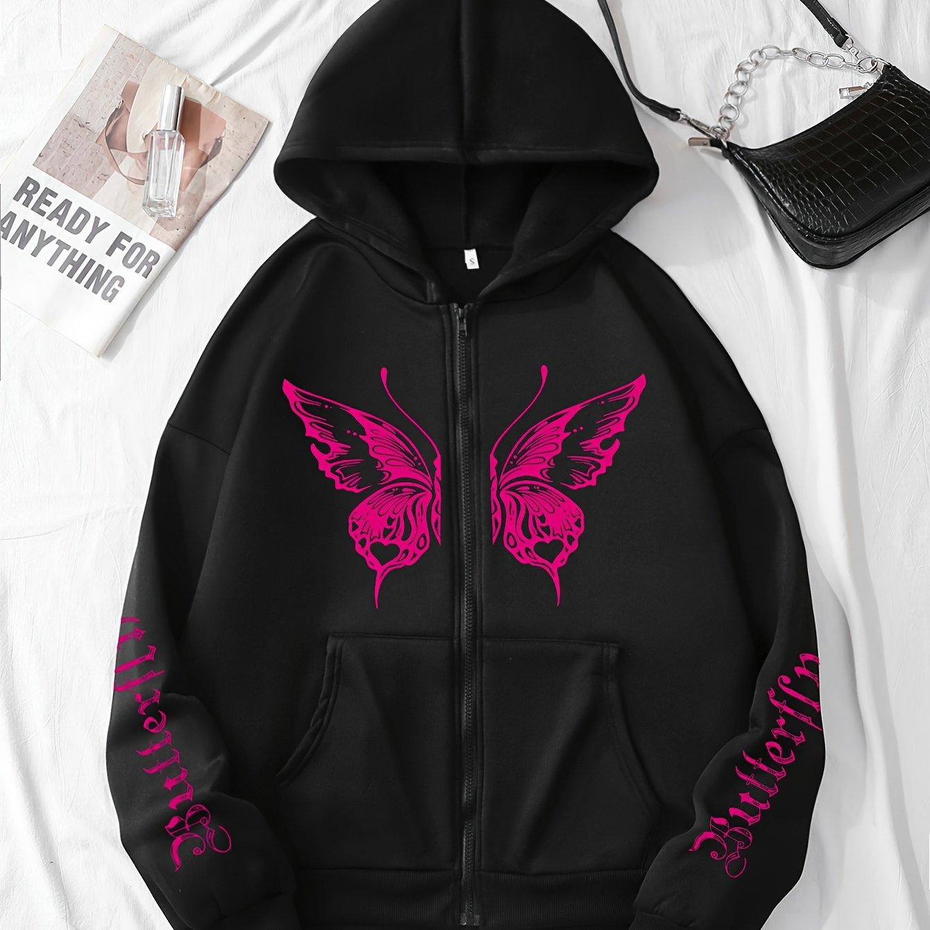 Butterfly & Letter Print Side Pockets Hoodie, Casual Long Sleeve Drawstring Zipper Front Hooded Sweatshirt, Women's Clothing