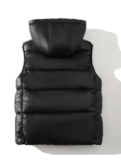 Men's Sleek Black & Golden Hooded Vest - Casual, Sleeveless Outerwear for Fall/Winter, Polyester