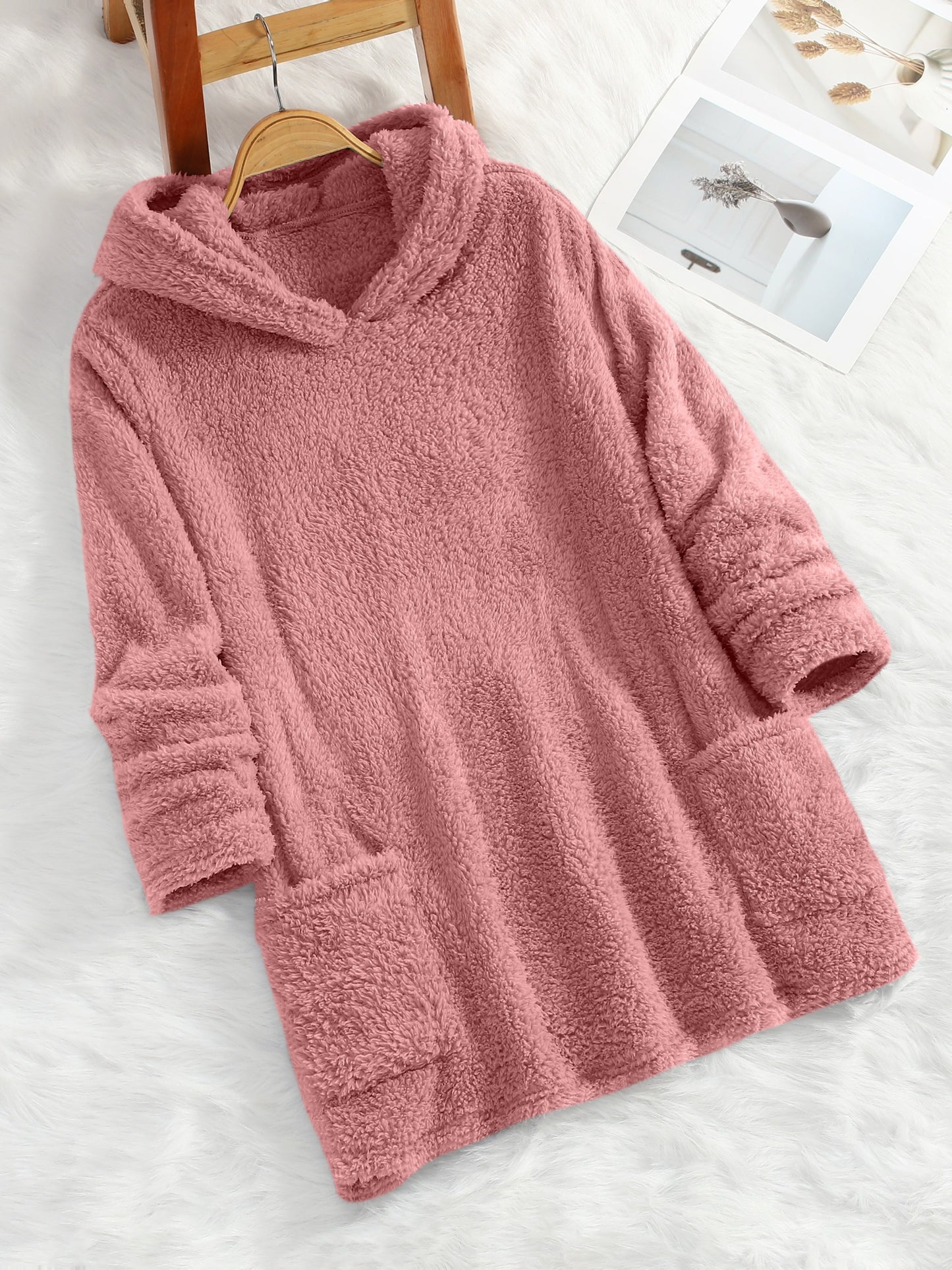 [Popular Choice] Women's Double-Sided Plush Hoodie - Warm Mid-Length Pullover with Pockets for Autumn and Winter, Casual Polyester Knit, Leisure Style, Loosen Version, Autumn/Winter