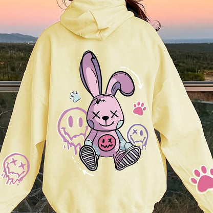 Women's Cozy Cartoon Rabbit & Paw Print Hoodie with Kangaroo Pocket - Casual Pullover Sweatshirt for Fall/Winter, Machine Washable