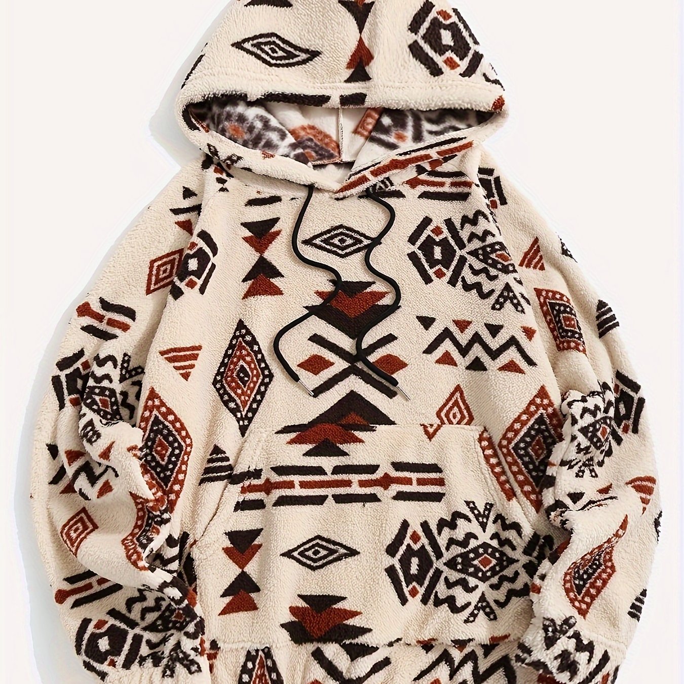 Ethnic Aztec Print Fuzzy Drawstring Hoodie, Casual Long Sleeve Kangaroo Pocket Warm Sweatshirt, Women's Clothing