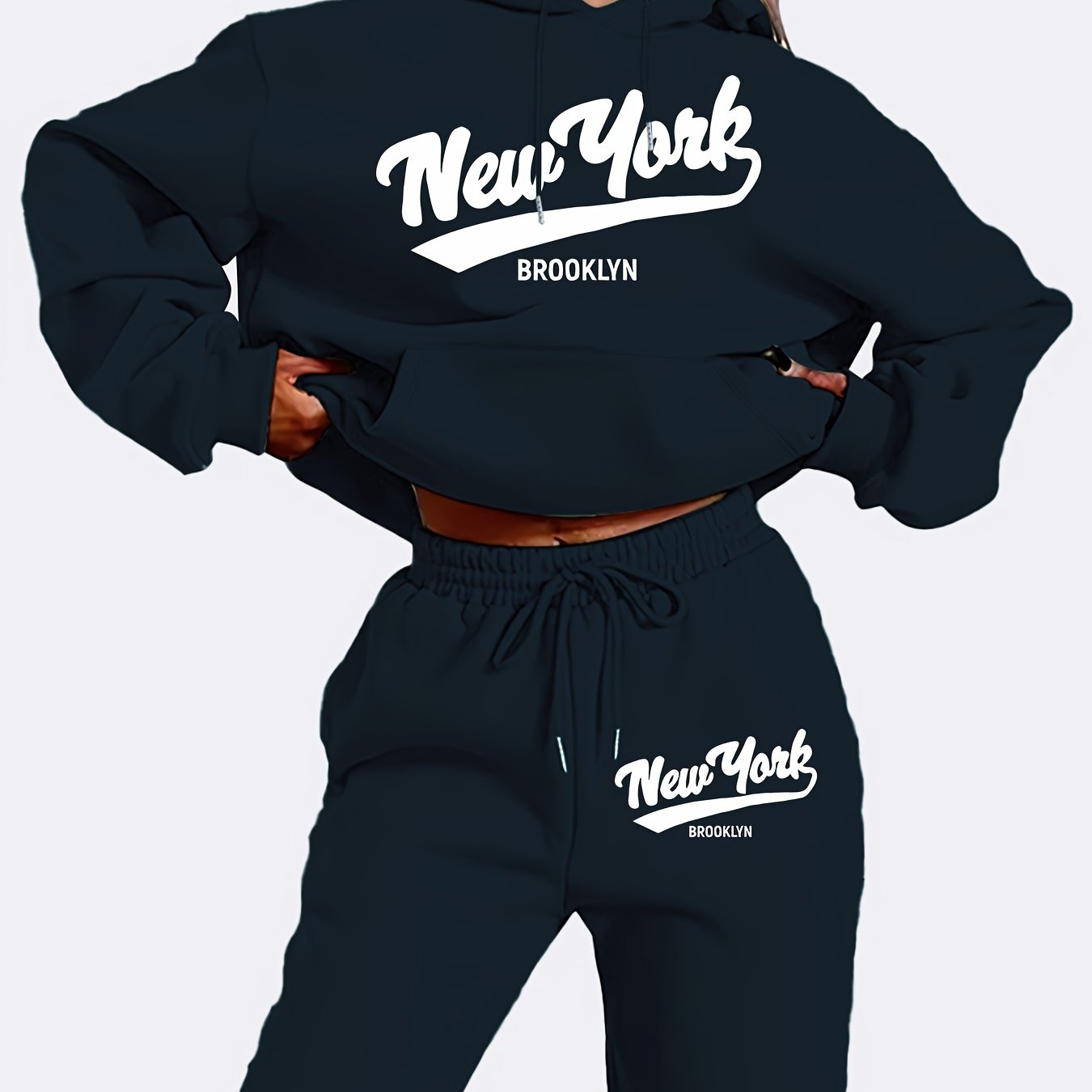 Women's New York Letter Print Hoodie and Pants Set, Casual Polyester Knit Sweatshirt with Drawstring, Geometric Pattern, Pocket Detail, for Fall/Winter Season