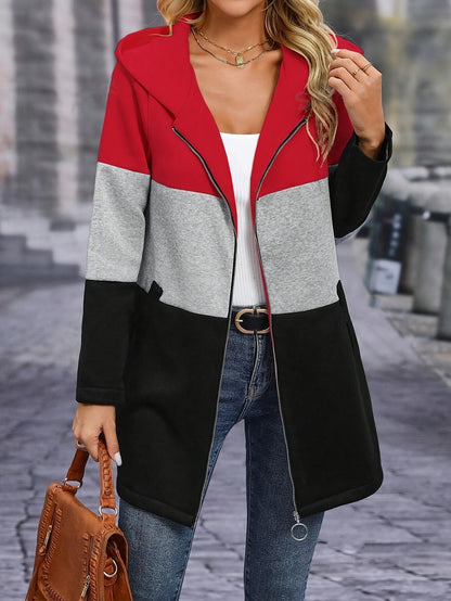 Women's Casual Long Sleeve Color Block Hooded Sweatshirt with Zipper - Fall/Winter Polyester Knit Hoodie with Stretch (Polyester 95%, Elastane 5%)