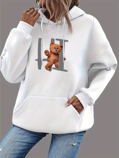 Bear Print Drawstring Hoodie, Casual Long Sleeve Pocket Hoodies Sweatshirt, Women's Clothing