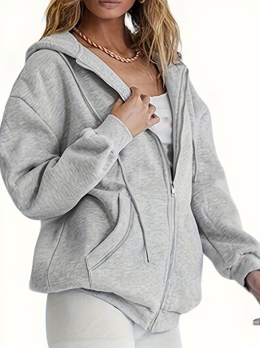 Solid Zip Up Pocket Hoodie, Casual Long Sleeve Drawstring Hoodies Sweatshirt, Women's Clothing