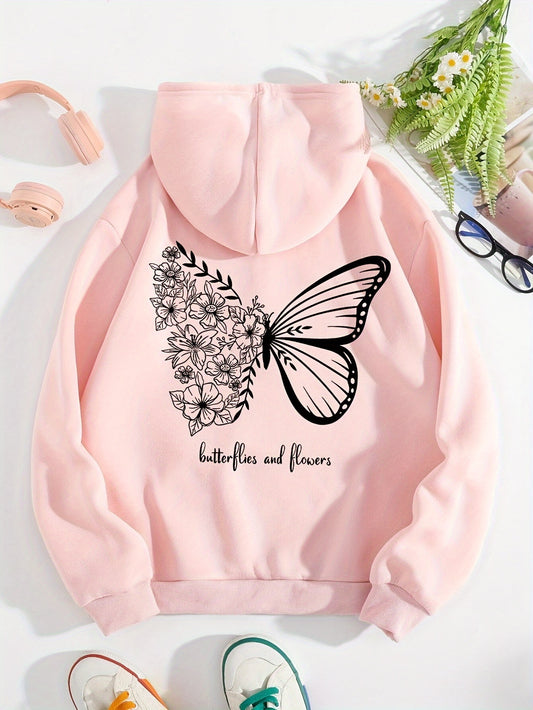 Butterfly Print Kangaroo Pocket Hoodie, Casual Long Sleeve Drawstring Hoodies Sweatshirt, Women's Clothing