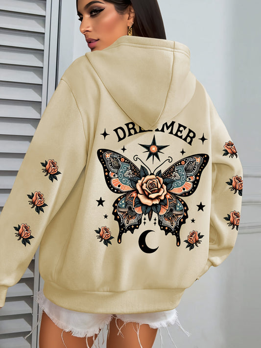 Plus Size Floral Print Hoodie, Casual Kangaroo Pocket Drawstring Long Sleeve Hooded Sweatshirt, Women's Plus Size Clothing