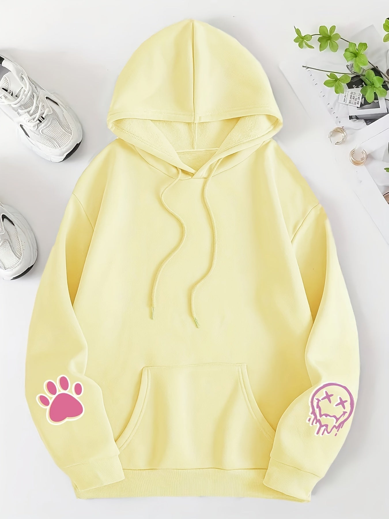 Women's Cozy Cartoon Rabbit & Paw Print Hoodie with Kangaroo Pocket - Casual Pullover Sweatshirt for Fall/Winter, Machine Washable