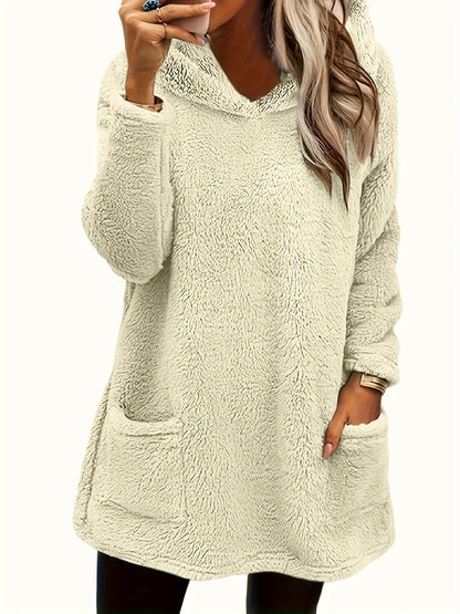 [Popular Choice] Women's Double-Sided Plush Hoodie - Warm Mid-Length Pullover with Pockets for Autumn and Winter, Casual Polyester Knit, Leisure Style, Loosen Version, Autumn/Winter