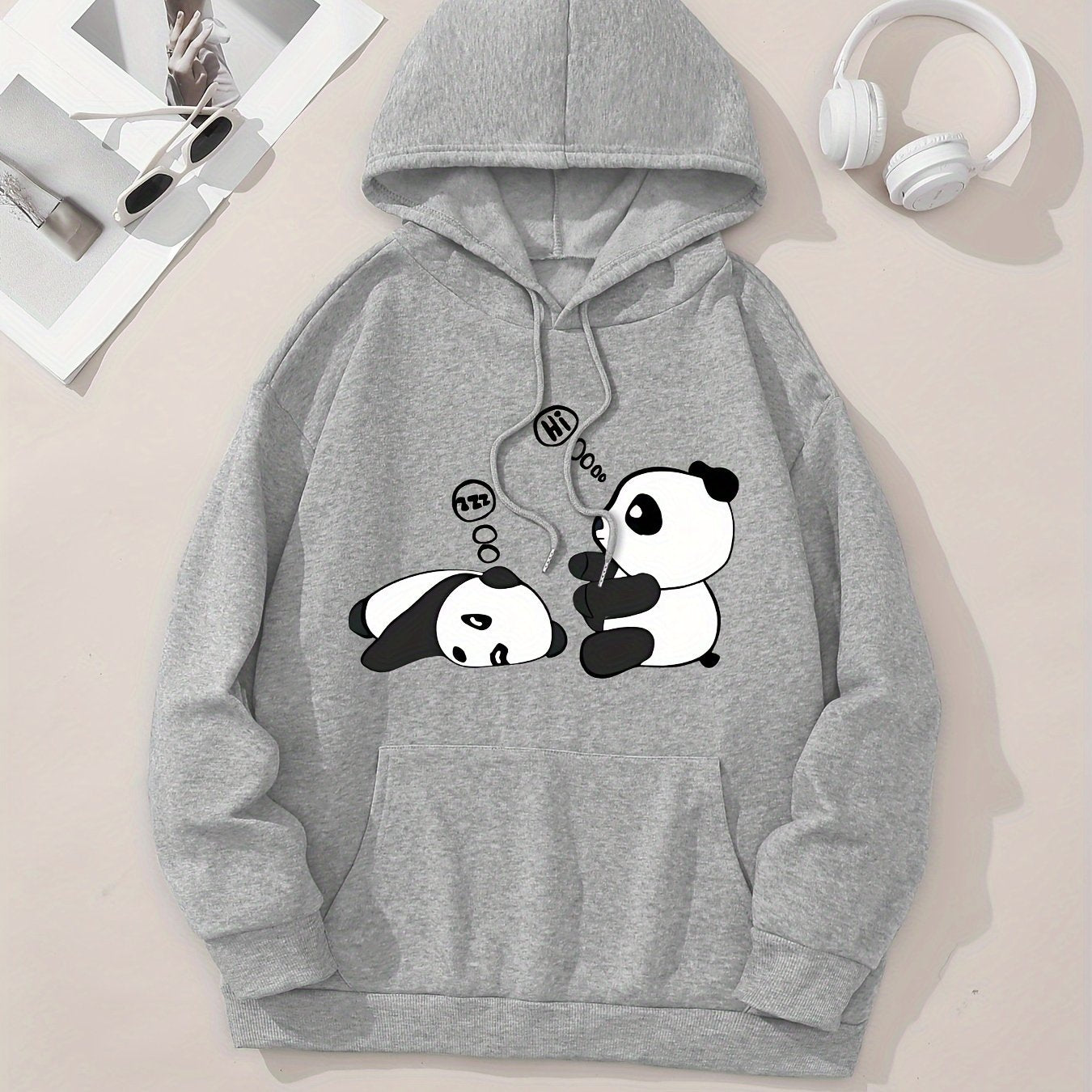 [Popular Choice] Cozy Panda Print Hoodie for Women - Casual Drawstring Pullover with Kangaroo Pocket, Perfect for Fall & Winter, Sleeping, Graphic Print, Hooded Sweatshirt