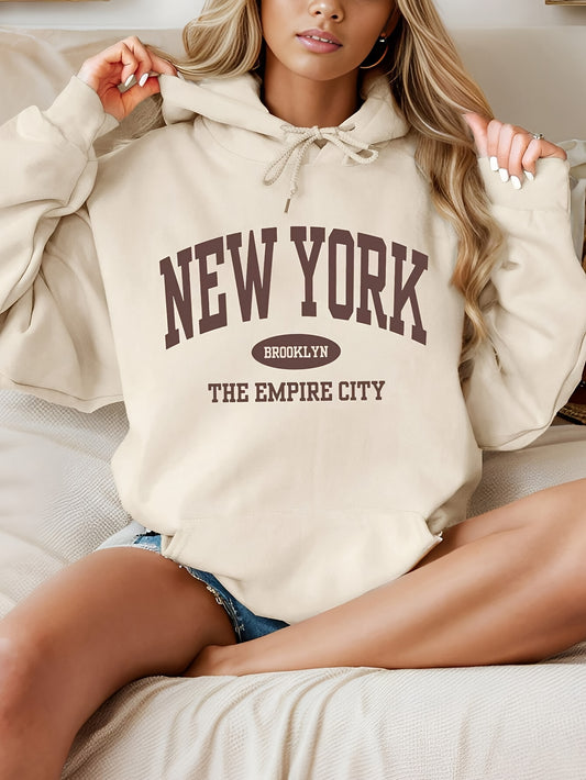 New York Letter Print Hoodie, Drawstring Casual Hooded Sweatshirt for Winter & Fall, Women's Clothing