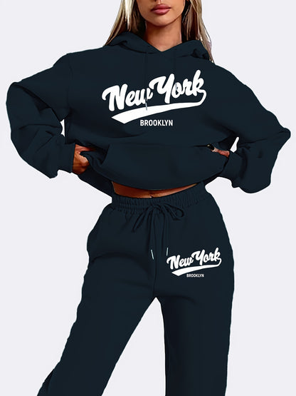 Women's New York Letter Print Hoodie and Pants Set, Casual Polyester Knit Sweatshirt with Drawstring, Geometric Pattern, Pocket Detail, for Fall/Winter Season