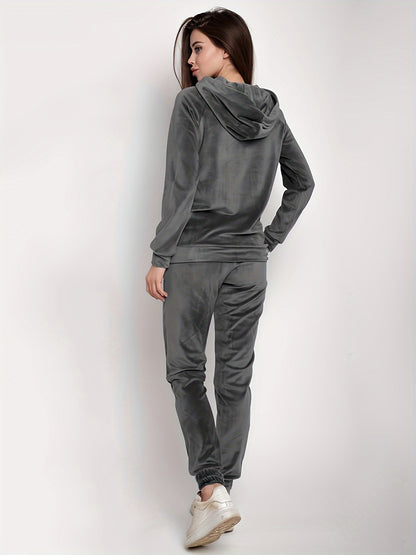 Casual Solid Two-piece Set, Kangaroo Pocket Hoodie & Jogger Pants Outfits, Women's Clothing