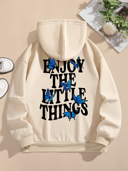 Butterfly & Letter Print Kangaroo Pocket Hoodie, Casual Long Sleeve Drawstring Hoodies Sweatshirt, Women's Clothing