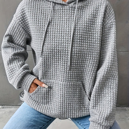 Solid Textured Drawstring Hoodie, Casual Long Sleeve Kangaroo Pocket Sweatshirt, Women's Clothing