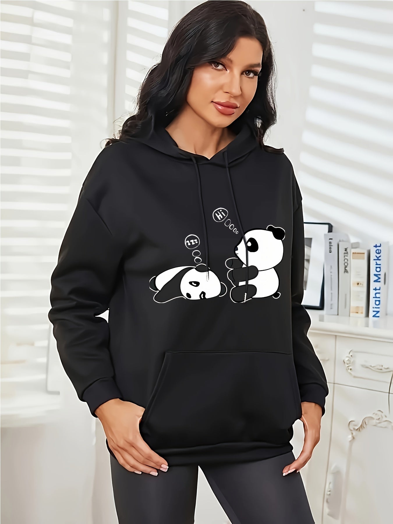 [Popular Choice] Cozy Panda Print Hoodie for Women - Casual Drawstring Pullover with Kangaroo Pocket, Perfect for Fall & Winter, Sleeping, Graphic Print, Hooded Sweatshirt