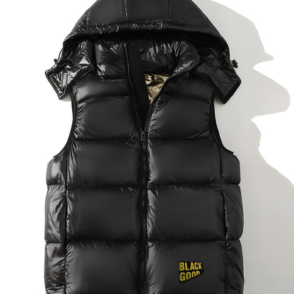 Men's Sleek Black & Golden Hooded Vest - Casual, Sleeveless Outerwear for Fall/Winter, Polyester