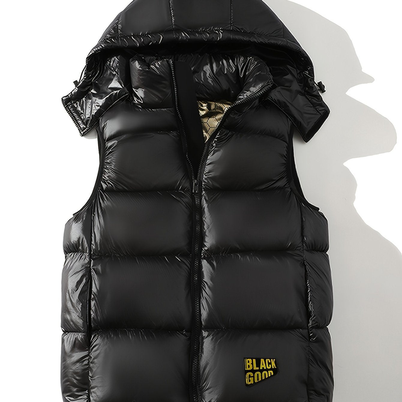 Men's Sleek Black & Golden Hooded Vest - Casual, Sleeveless Outerwear for Fall/Winter, Polyester