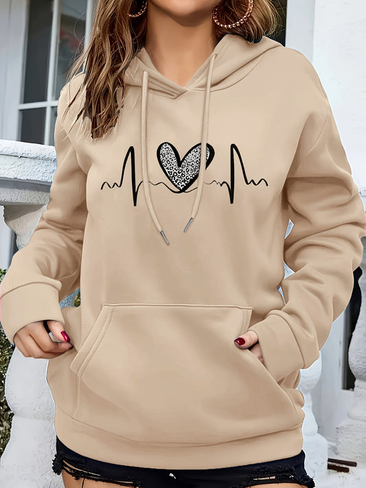 1pc Women'S Fashion Hoodie with Heartbeat Design, 100% Polyester Knit Fabric, Regular Fit, Geometric Pattern, Drawstring Hood, Fall/Winter Collection