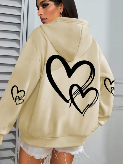 [Popular Choice] Cozy Plus Size Heart Print Hoodie with Pocket - Casual Long Sleeve Pullover for Women, Perfect for Fall & Winter