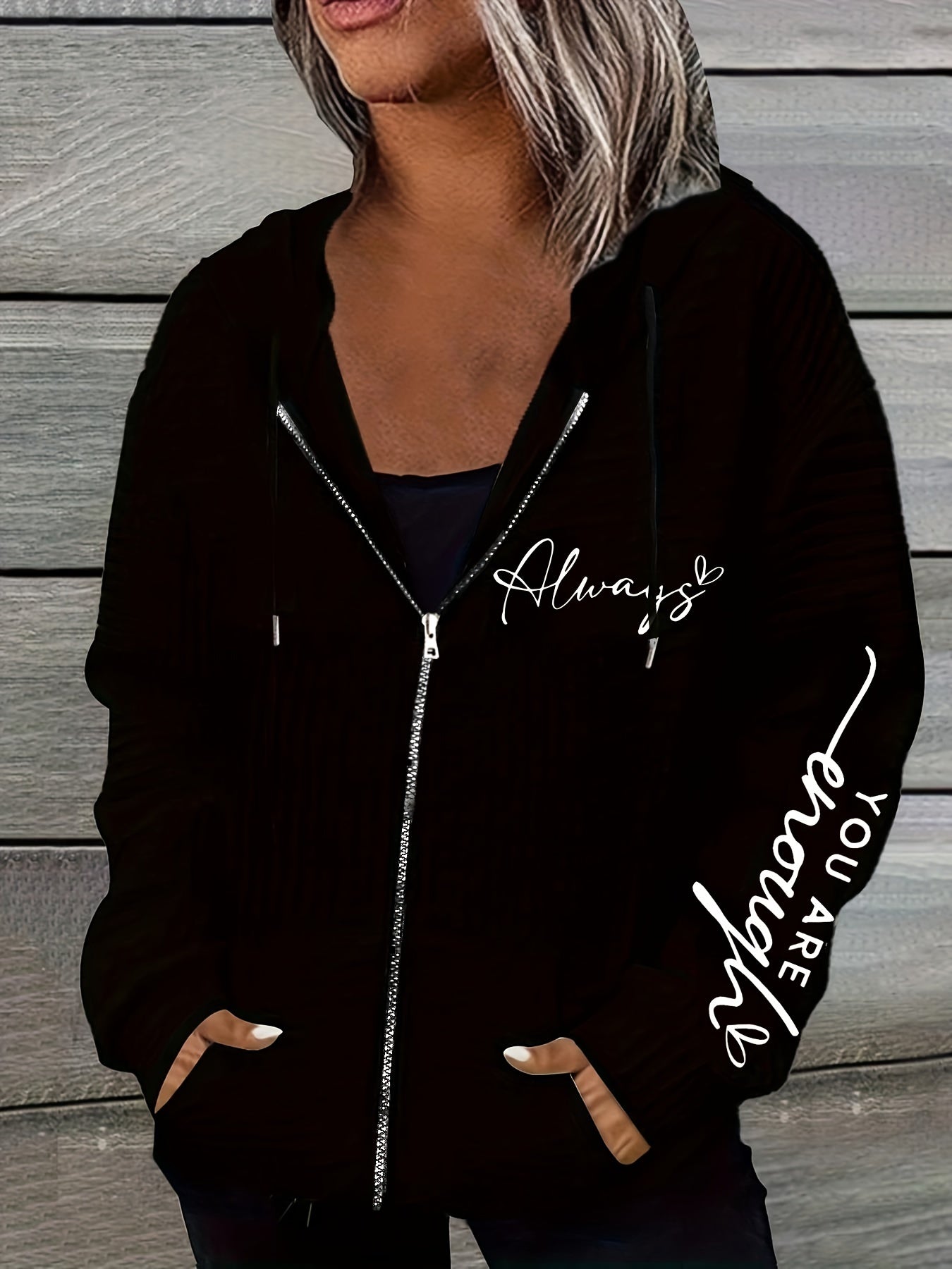 Women's Casual Zip-Up Hoodie with Letter Print - Cozy Polyester, Machine Washable, Non-Transparent, Knit Fabric, Perfect for Fall & Winter - Stylish Long Sleeve Pullover with Drawstring Hood