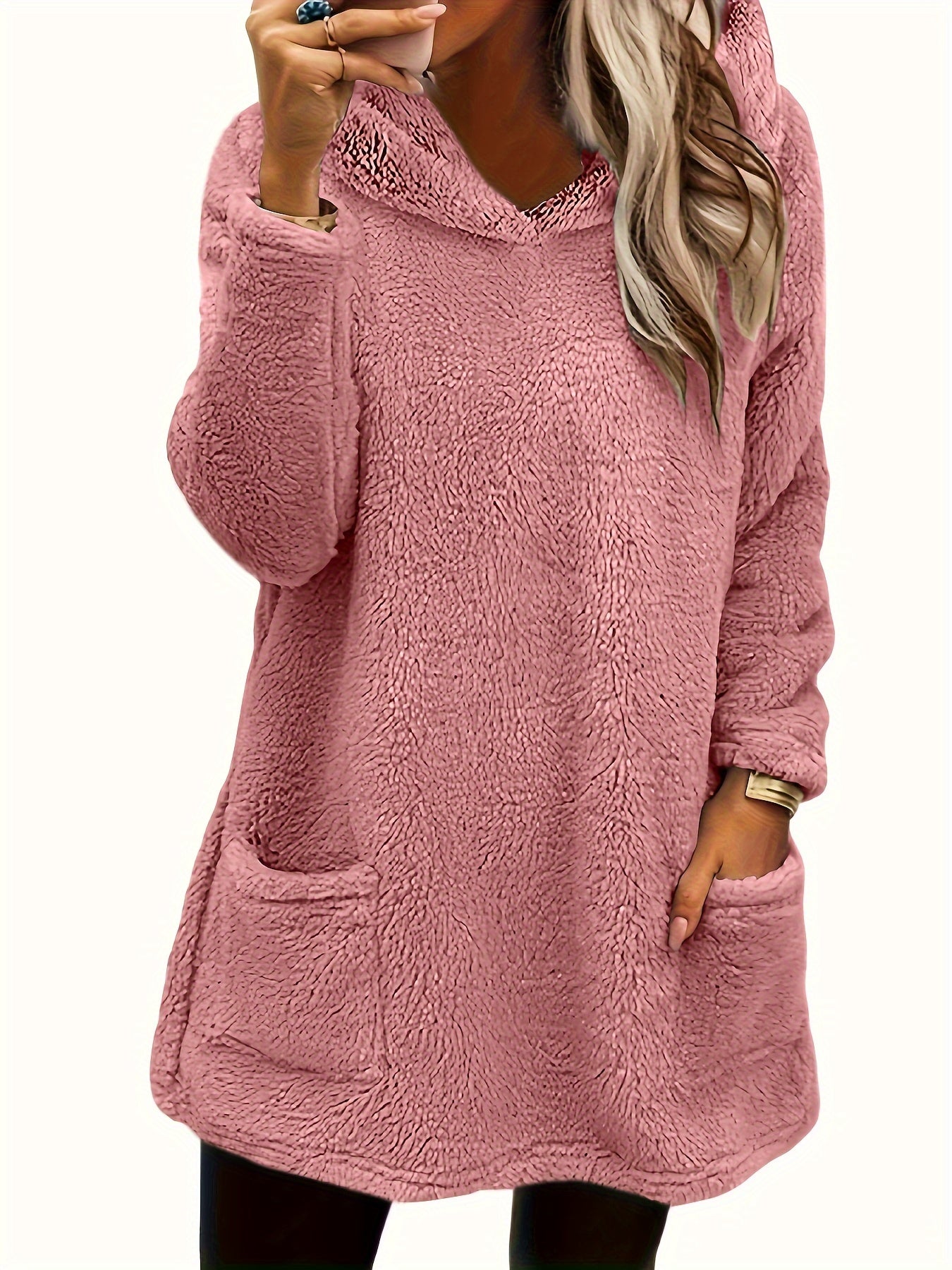 [Popular Choice] Women's Double-Sided Plush Hoodie - Warm Mid-Length Pullover with Pockets for Autumn and Winter, Casual Polyester Knit, Leisure Style, Loosen Version, Autumn/Winter