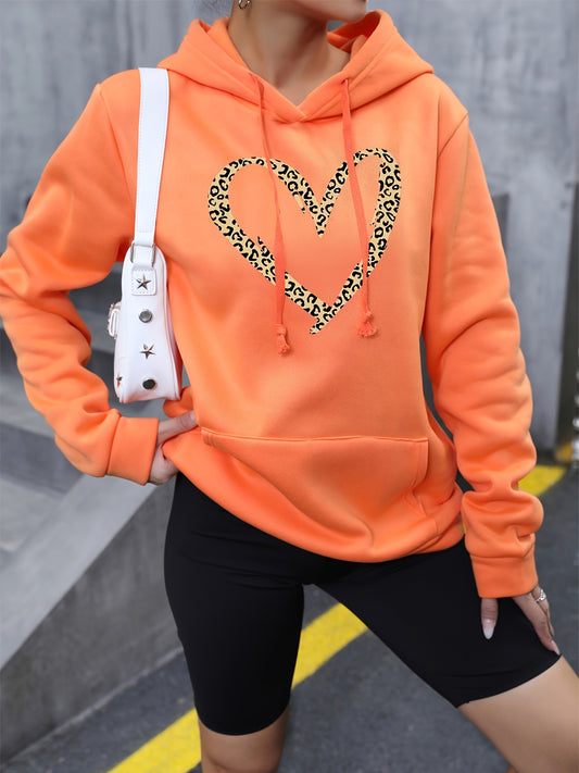 Leopard Heart Print Pocket Hoodie, Casual Long Sleeve Hooded Sweatshirt, Women's Clothing