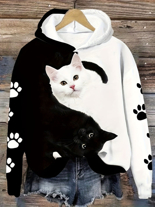 Women's Cozy Cat Print Hoodie - Casual Long Sleeve Pullover with Kangaroo Pocket, Machine Washable, Polyester Blend