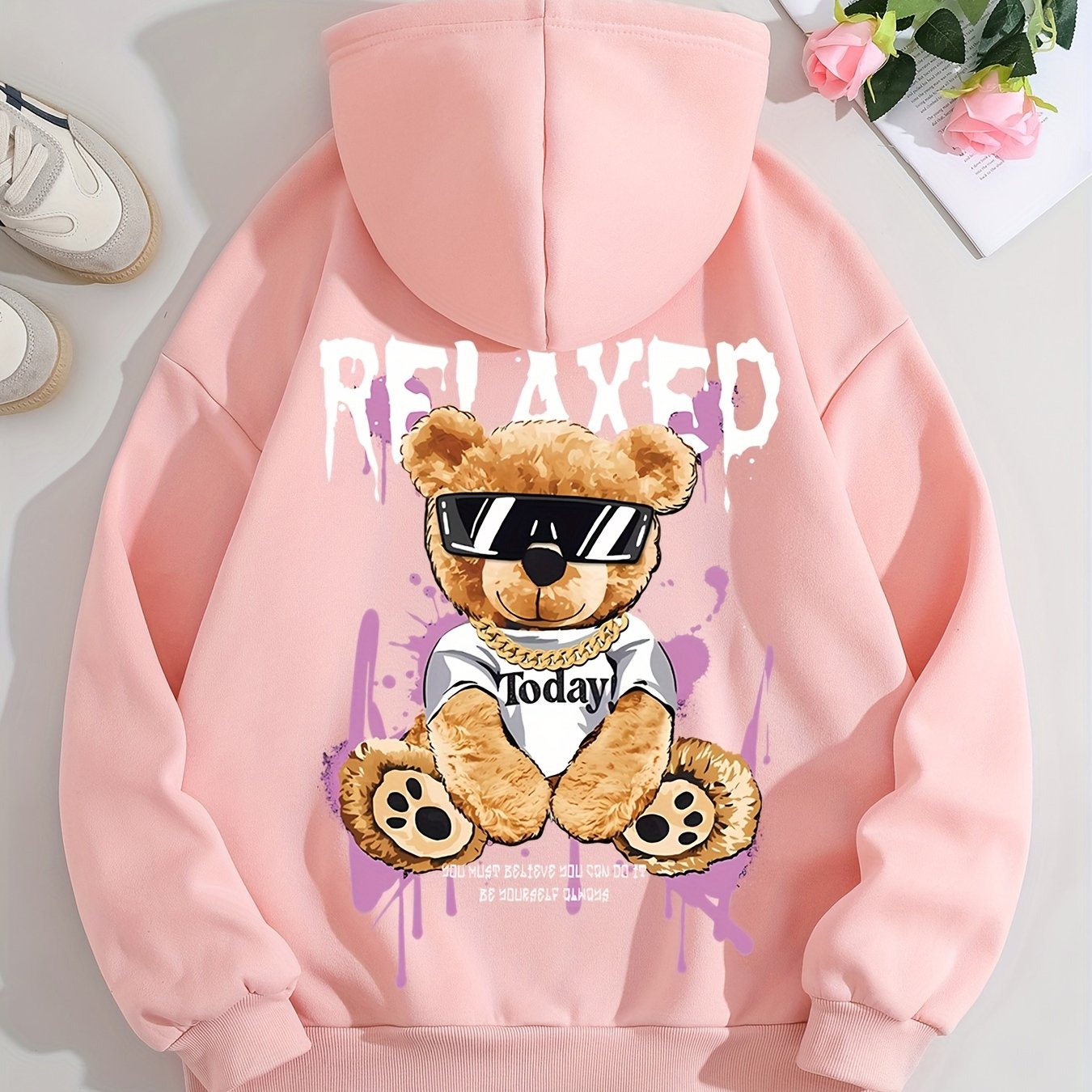 Women's Fashion Hoodie with Cute Bear Print - Casual Pullover Sweatshirt, Polyester, Machine Washable - Perfect for Fall & Winter