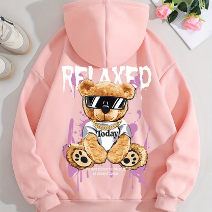 Women's Fashion Hoodie with Cute Bear Print - Casual Pullover Sweatshirt, Polyester, Machine Washable - Perfect for Fall & Winter