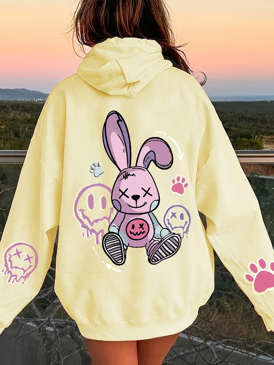 Women's Cozy Cartoon Rabbit & Paw Print Hoodie with Kangaroo Pocket - Casual Pullover Sweatshirt for Fall/Winter, Machine Washable