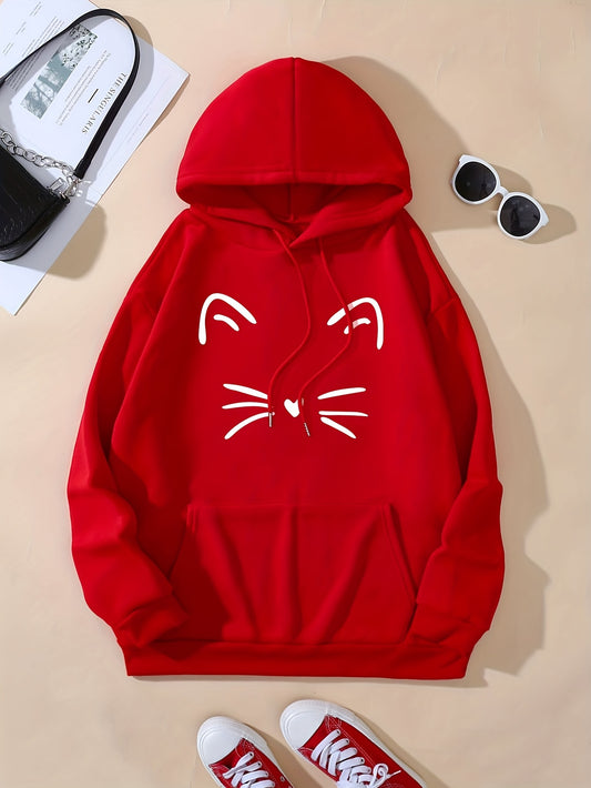 Cute Cat Print Hoodie, Versatile Drawstring Kangaroo Pocket Hoodies Sweatshirt, Women's Clothing