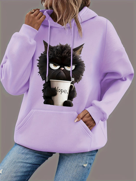 Cat Print Long Sleeve Hoodie, Drawstring Casual Hooded Sweatshirt, Women's Clothing