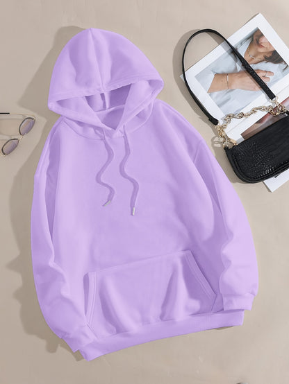 Solid Color Drawstring Hoodie, Casual Long Sleeve Kangaroo Pocket Hoodie Sweatshirt, Women's Clothing