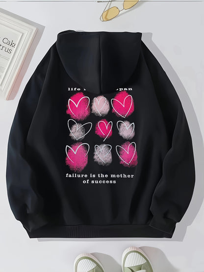 Heart Print Kangaroo Pocket Hoodie, Casual Long Sleeve Drawstring Hoodies Sweatshirt, Women's Clothing, Valentine's Day