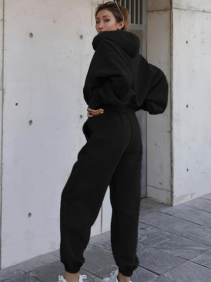 Casual Solid Two-piece Set, Long Sleeve Drawstring Hoodie & Elastic Waist Jogger Pants Outfits, Women's Clothing