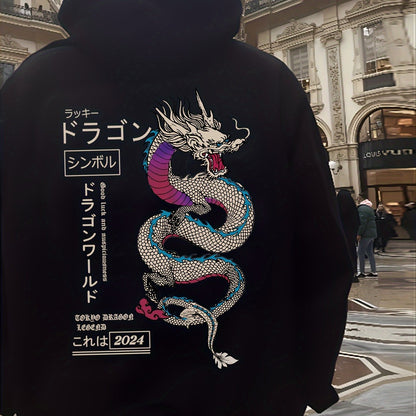 [Popular Choice] Cozy Fleece-Lined Dragon Print Hoodie for Men and Women - Casual Japanese Anime-Inspired Pullover with Kangaroo Pocket, Long Sleeves, Thick Autumn/Winter Streetwear Jacket, Cartoon Animal Pattern, Couple Styl