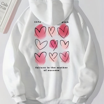 Heart Print Kangaroo Pocket Hoodie, Casual Long Sleeve Drawstring Hoodies Sweatshirt, Women's Clothing, Valentine's Day