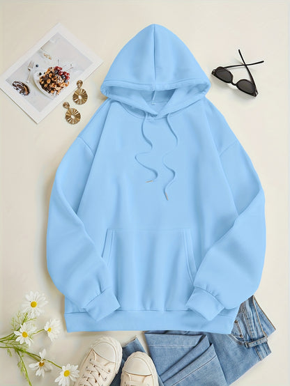 Heart Print Kangaroo Pocket Hoodie, Casual Long Sleeve Drawstring Hoodies Sweatshirt, Women's Clothing, Valentine's Day