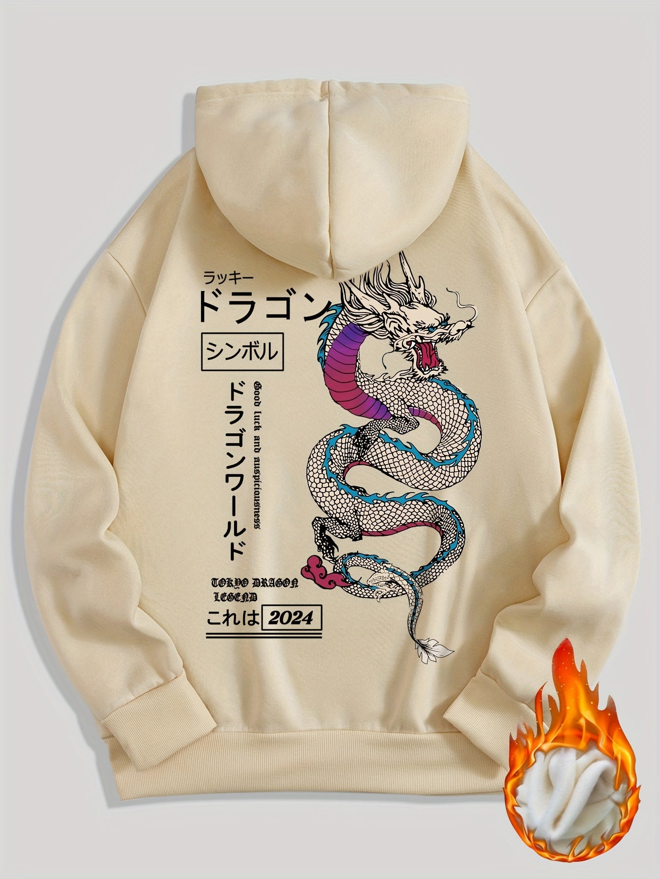 [Popular Choice] Cozy Fleece-Lined Dragon Print Hoodie for Men and Women - Casual Japanese Anime-Inspired Pullover with Kangaroo Pocket, Long Sleeves, Thick Autumn/Winter Streetwear Jacket, Cartoon Animal Pattern, Couple Styl