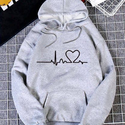 Heart Rate Print Kangaroo Pocket Hoodie, Casual Long Sleeve Drawstring Hoodies Sweatshirt, Women's Clothing